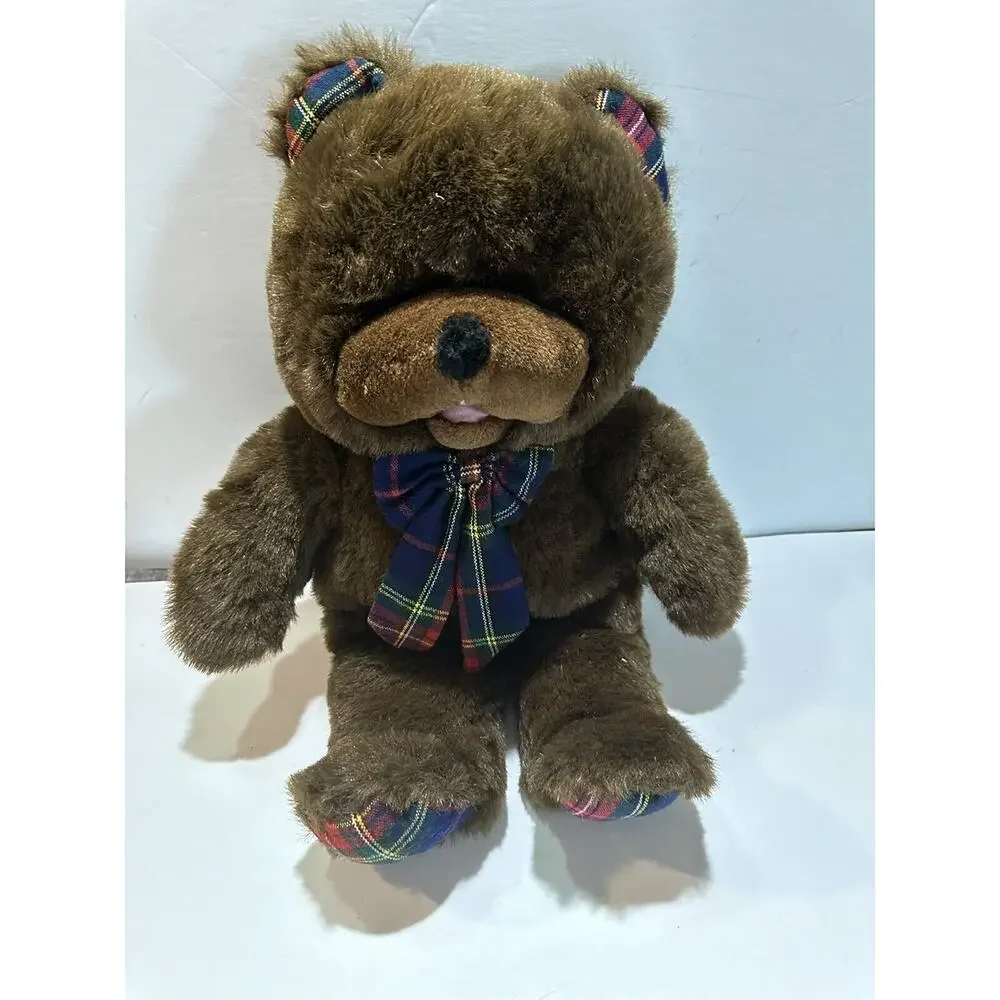 ToyORama vintage teddy bear brown Plush Stuffed Animal checkered bowl & paws 21”